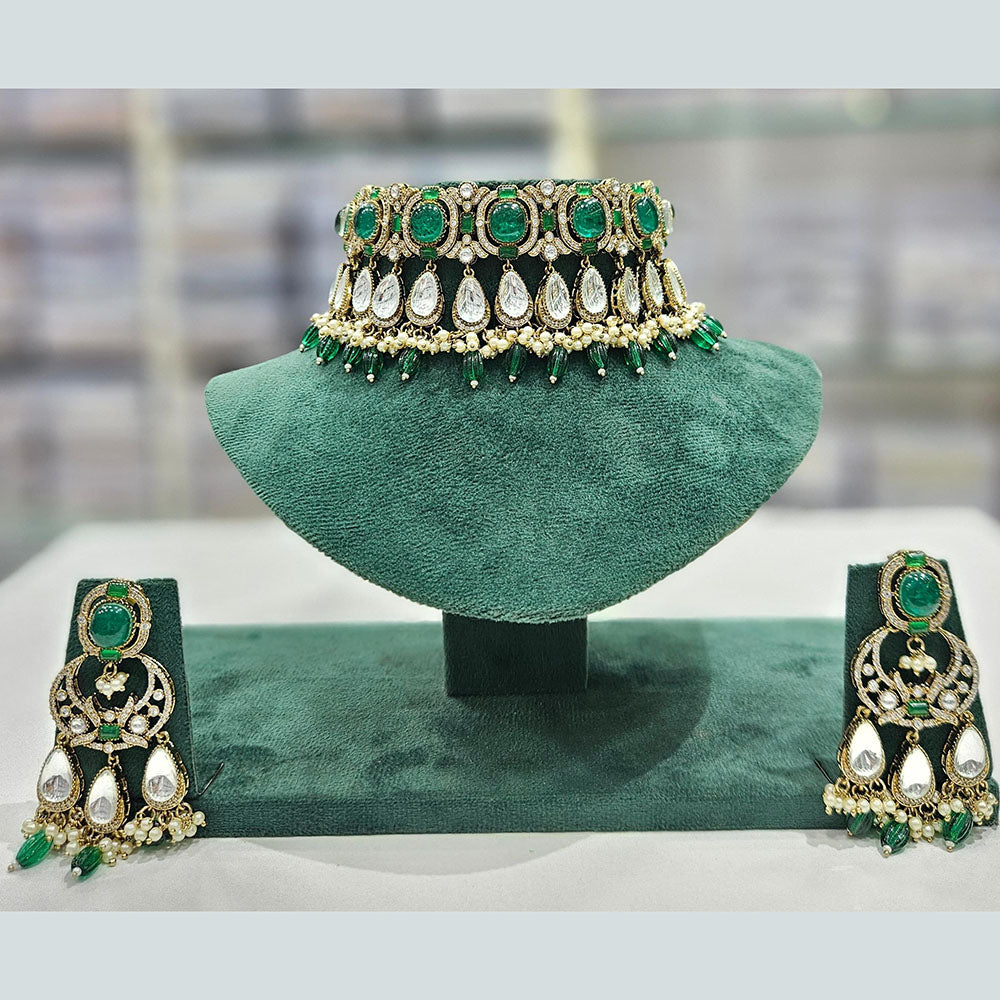 Rajwadi Collection Gold Plated Pota Stone And Pearls Choker Necklace Set