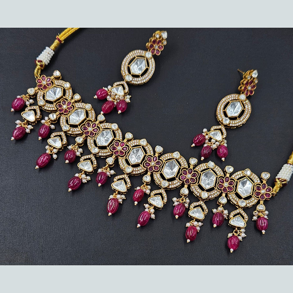 Rajwadi Collection Gold Plated Crystal Stone And Pearls Choker Necklace Set