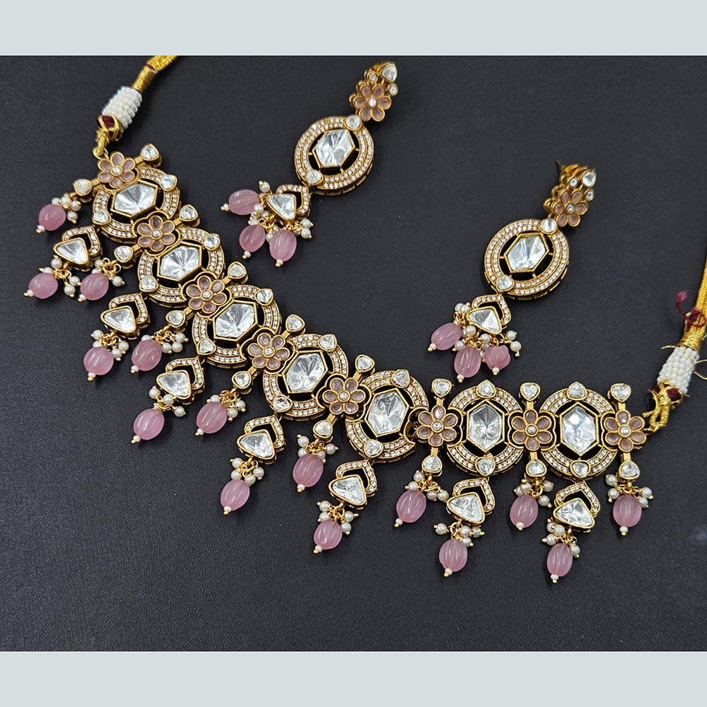 Rajwadi Collection Gold Plated Polki Kundan Stone And Beads Choker Necklace Set