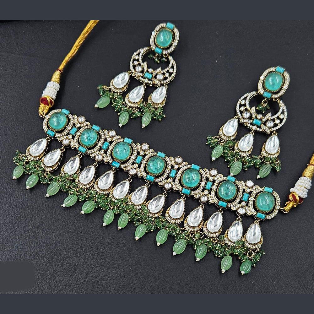 Rajwadi Collection Gold Plated American Diamond And Beads Choker Necklace Set