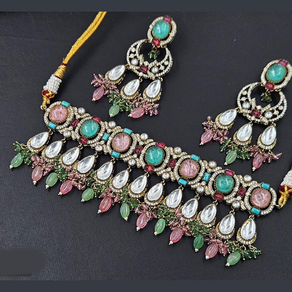 Rajwadi Collection Gold Plated American Diamond And Beads Choker Necklace Set