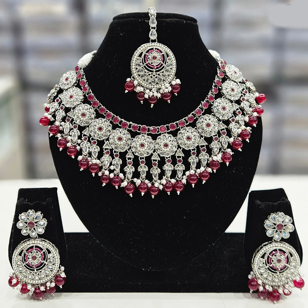 Rajwadi Collection Silver Plated Crystal Stone And Pearls Necklace Set