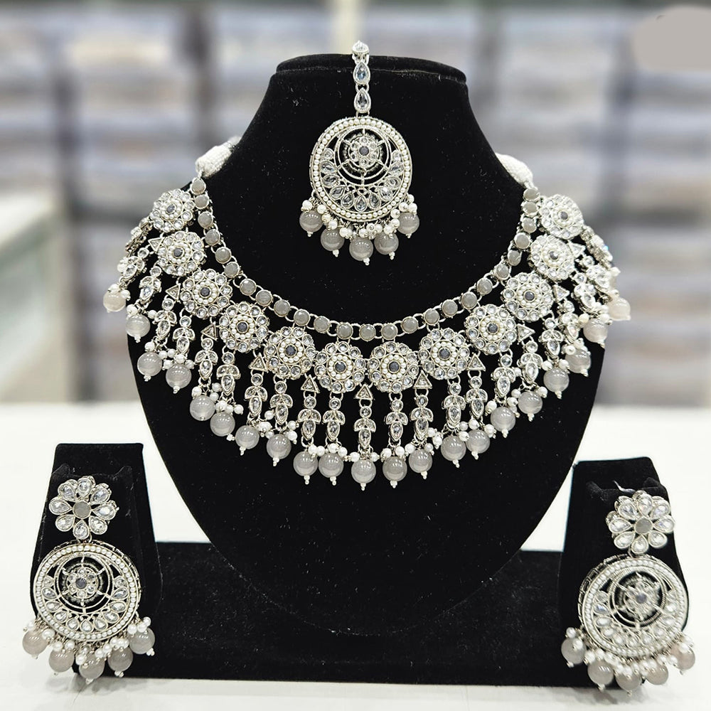 Rajwadi Collection Silver Plated Crystal Stone And Pearls Necklace Set
