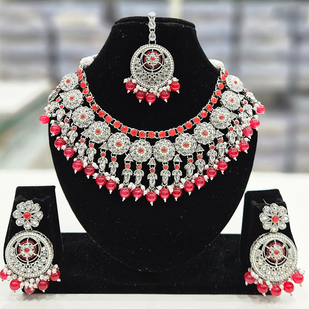 Rajwadi Collection Silver Plated Crystal Stone And Pearls Necklace Set