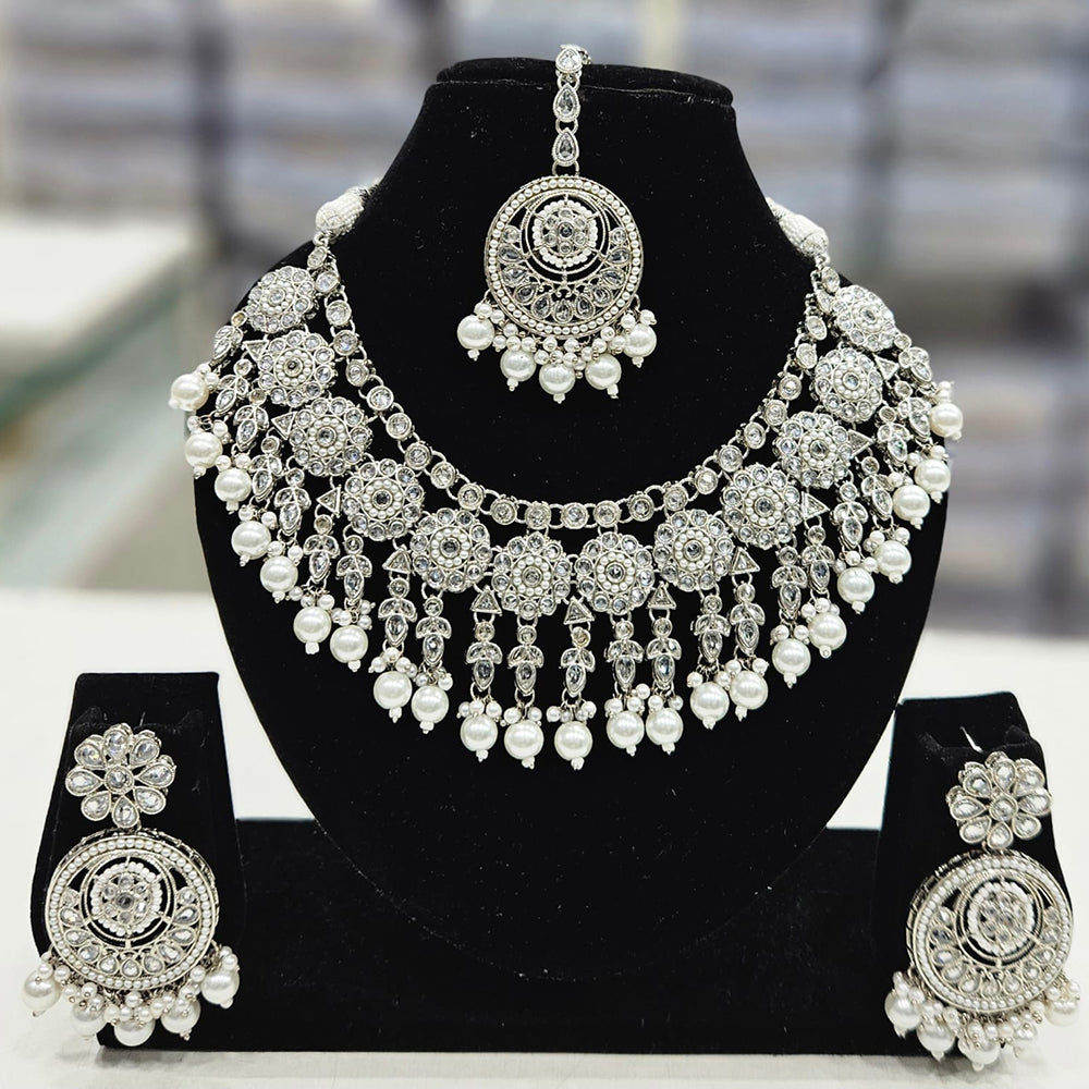 Rajwadi Collection Silver Plated Crystal Stone And Pearls Necklace Set