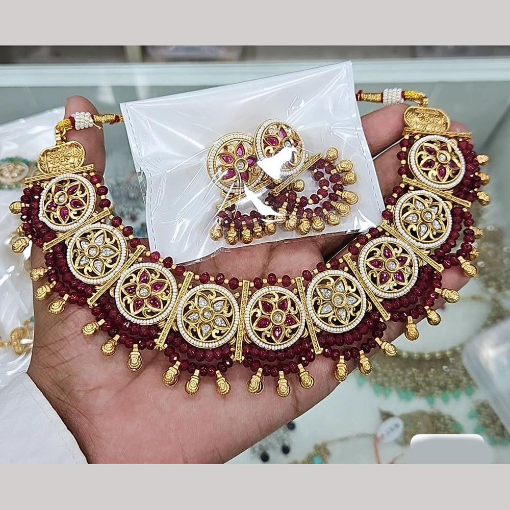 Rajwadi Collection Gold Plated Pota Stone And Pearls Necklace Set
