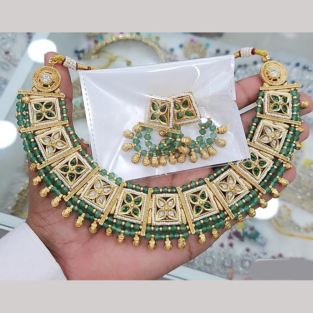 Rajwadi Collection Gold Plated Pota Stone And Pearls Necklace Set