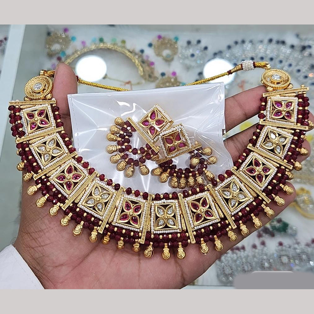 Rajwadi Collection Gold Plated Pota Stone And Pearls Necklace Set