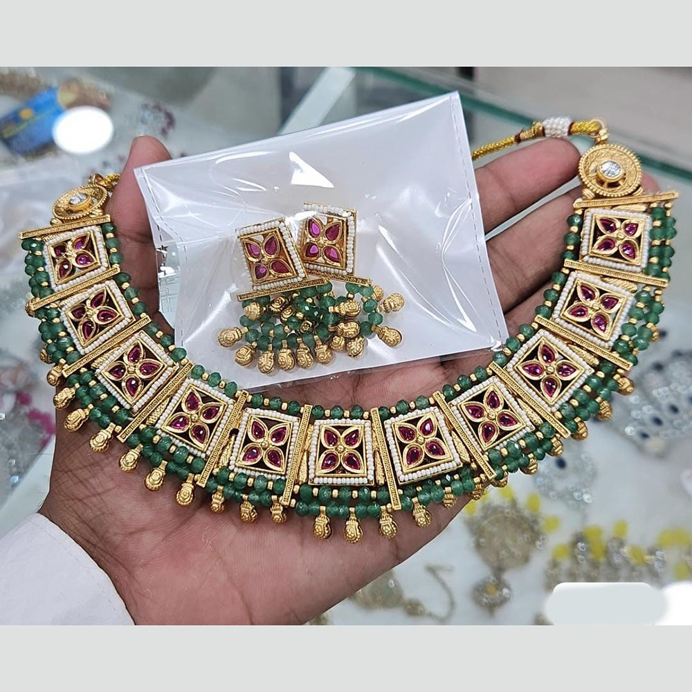 Rajwadi Collection Gold Plated Pota Stone And Pearls Necklace Set