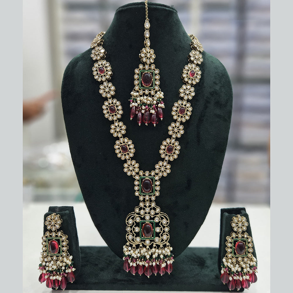 Rajwadi Collection Gold Plated Kundan Stone And Pearls Long Necklace Set