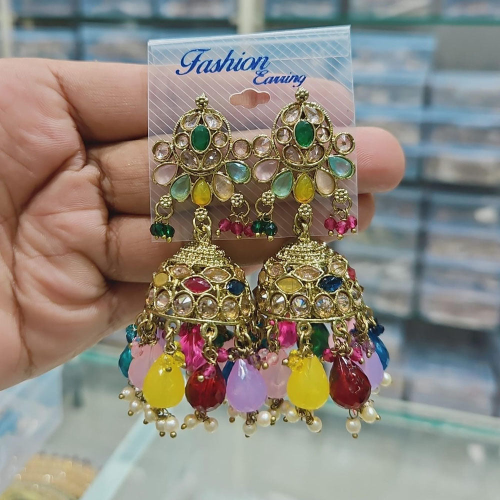 Rajwadi Collection Gold Pated Crystal Stone And Pearls Jhumki  Earrings