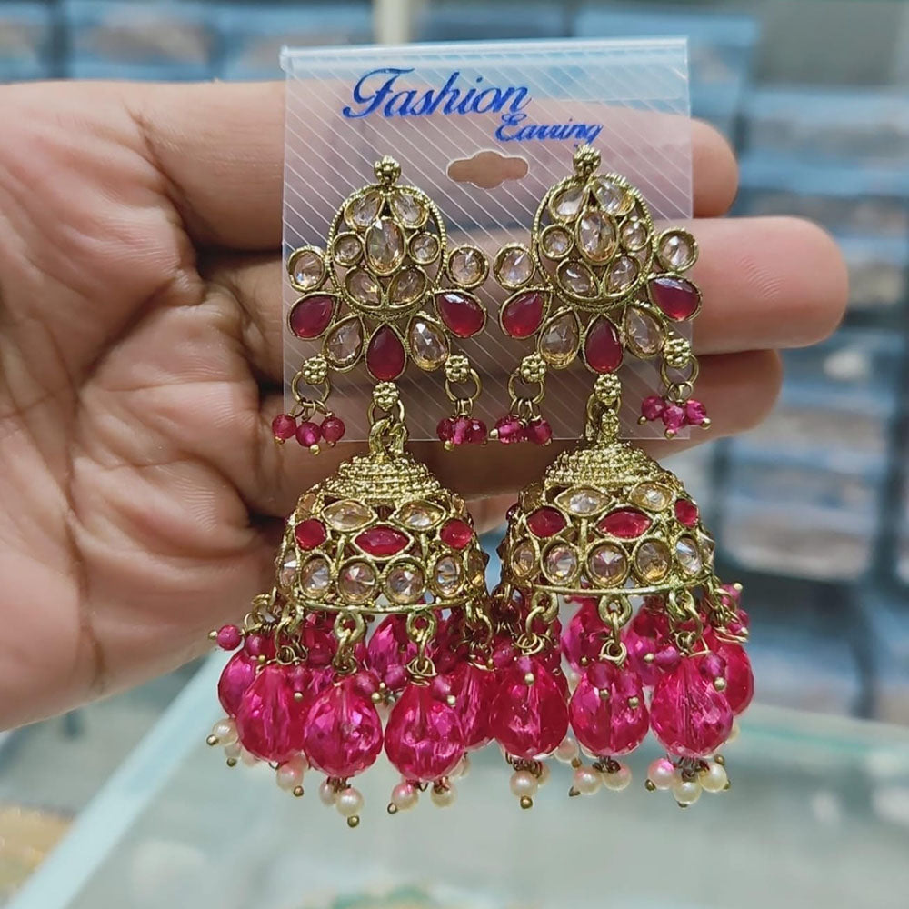 Rajwadi Collection Gold Pated Crystal Stone And Pearls Jhumki  Earrings