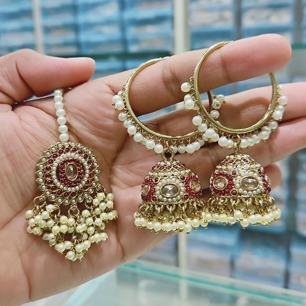 Rajwadi Collection Gold Pated Crystal Stone And Pearls Jhumki  Earrings With Maangtikka