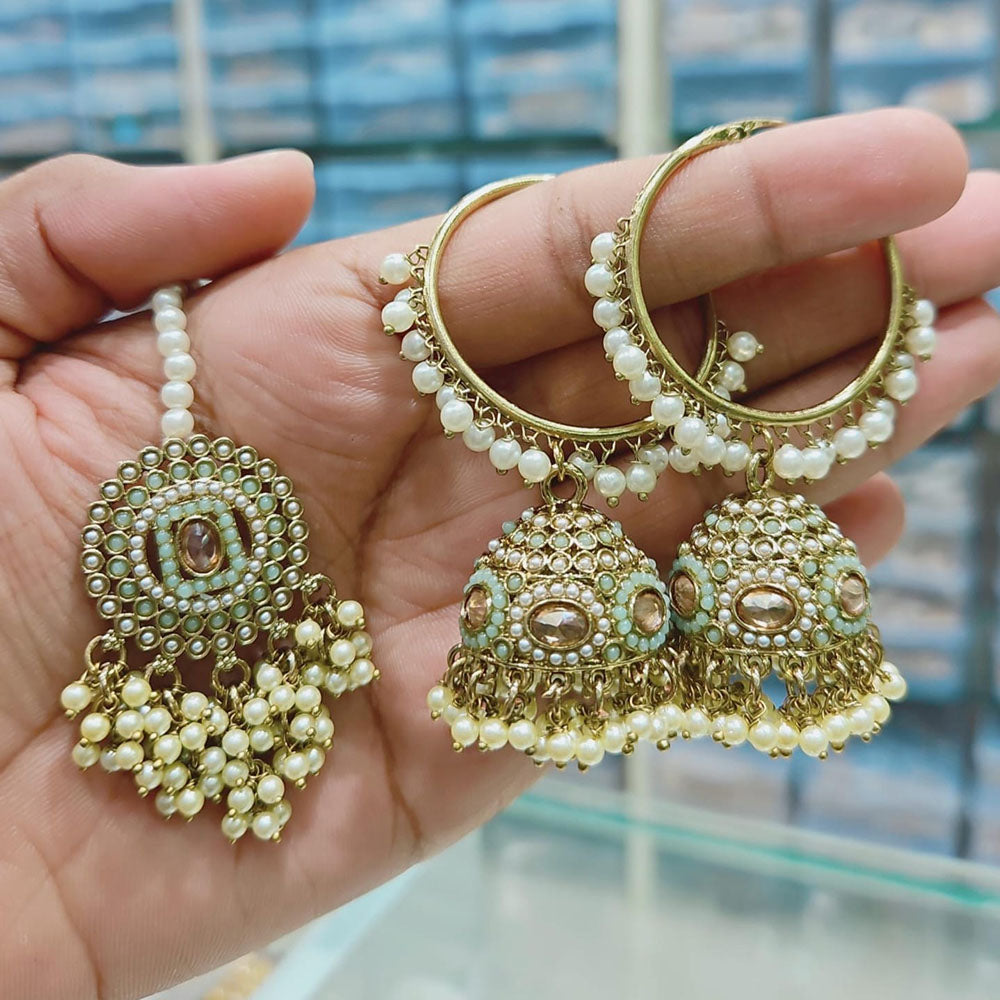 Rajwadi Collection Gold Pated Crystal Stone And Pearls Jhumki  Earrings With Maangtikka