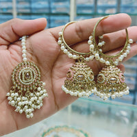 Rajwadi Collection Gold Pated Crystal Stone And Pearls Jhumki  Earrings With Maangtikka