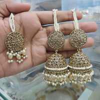 Rajwadi Collection Gold Pated Crystal Stone And Pearls Jhumki  Earrings With Maangtikka