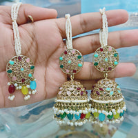 Rajwadi Collection Gold Pated Crystal Stone And Pearls Jhumki  Earrings With Maangtikka