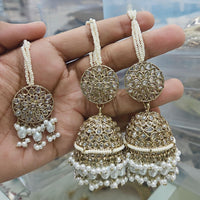 Rajwadi Collection Gold Pated Crystal Stone And Pearls Jhumki  Earrings With Maangtikka