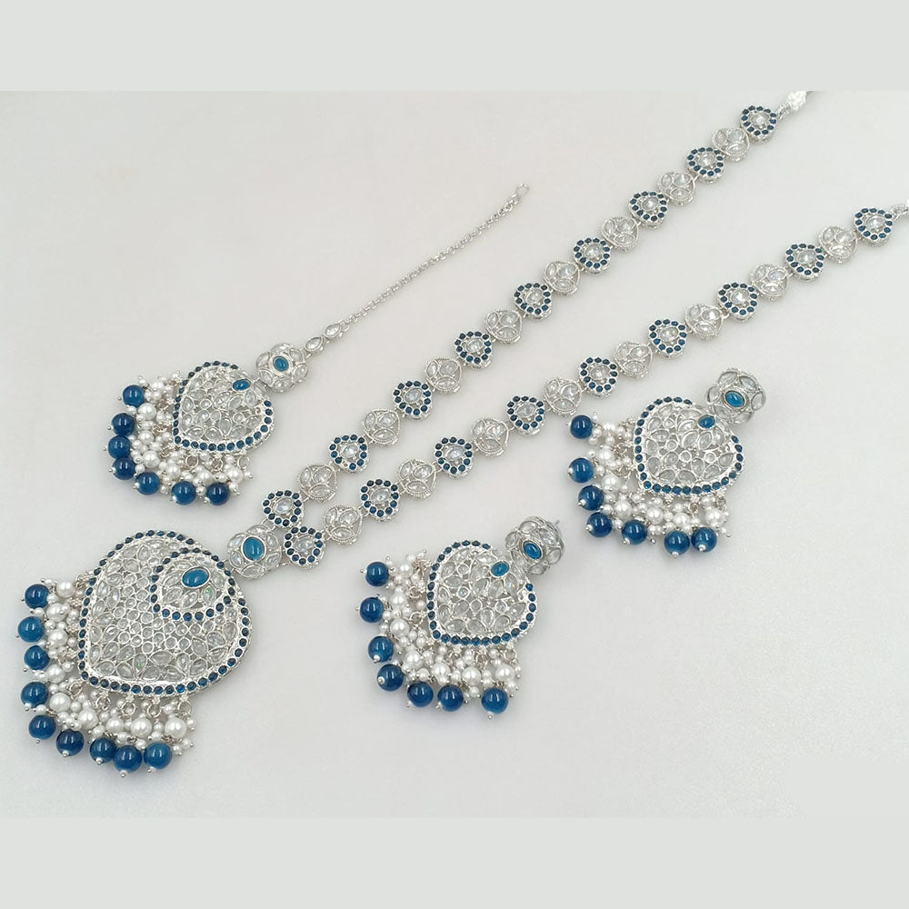 Rajwadi Collection Silver Plated Crystal Stone And Pearls Long Necklace Set