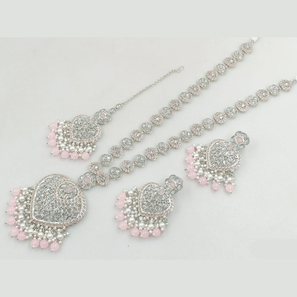 Rajwadi Collection Silver Plated Crystal Stone And Pearls Long Necklace Set