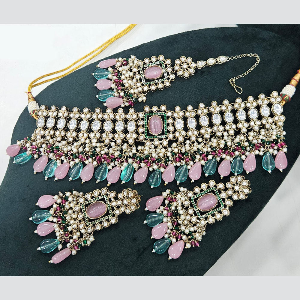 Rajwadi Collection Gold Plated Polki Kundan Stone And Beads Choker Necklace Set