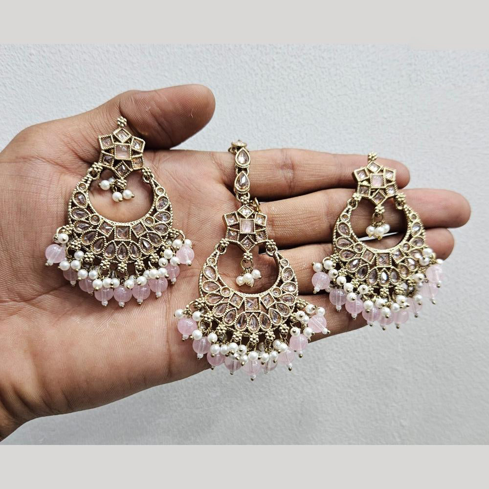 Rajwadi Collection Gold Pated Crystal Stone And Beads Dangler Earrings With Maangtikka