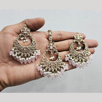 Rajwadi Collection Gold Pated Crystal Stone And Beads Dangler Earrings With Maangtikka