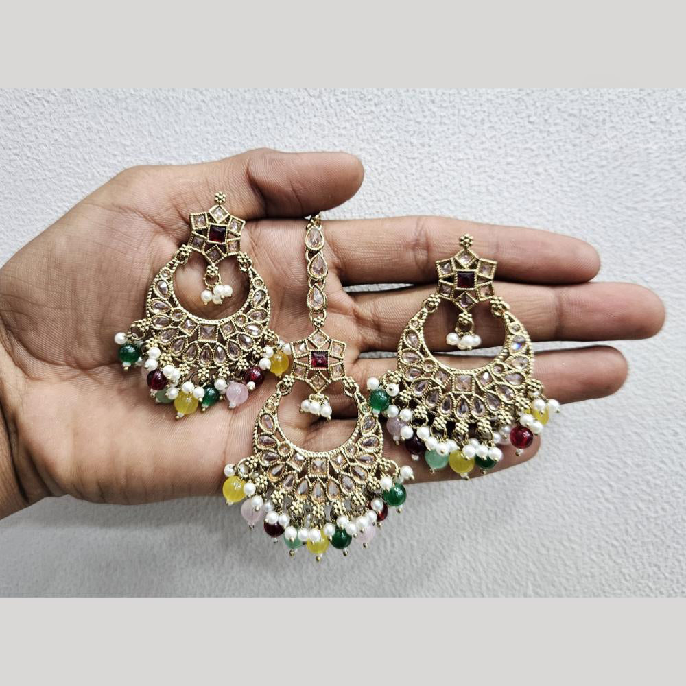 Rajwadi Collection Gold Pated Crystal Stone And Beads Dangler Earrings With Maangtikka