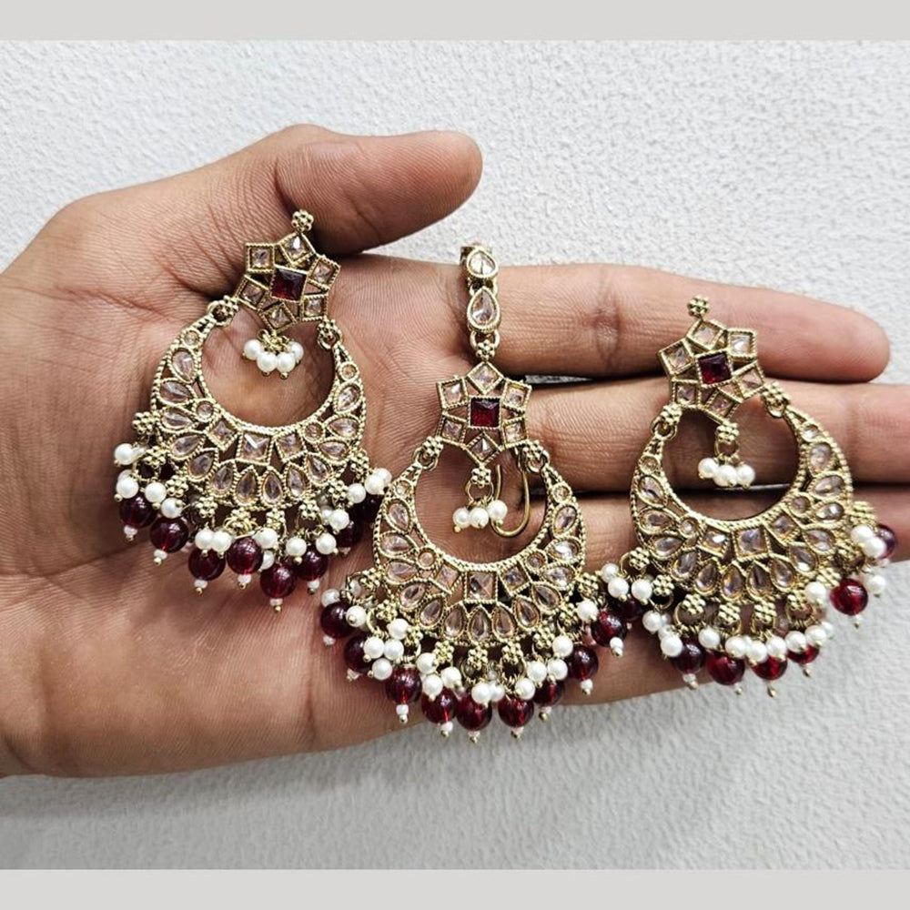 Rajwadi Collection Gold Pated Crystal Stone And Beads Dangler Earrings With Maangtikka
