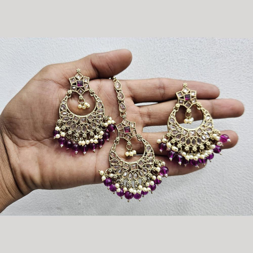 Rajwadi Collection Gold Pated Crystal Stone And Beads Dangler Earrings With Maangtikka