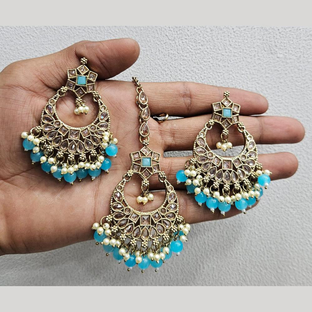 Rajwadi Collection Gold Pated Crystal Stone And Beads Dangler Earrings With Maangtikka