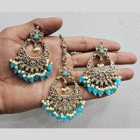 Rajwadi Collection Gold Pated Crystal Stone And Beads Dangler Earrings With Maangtikka