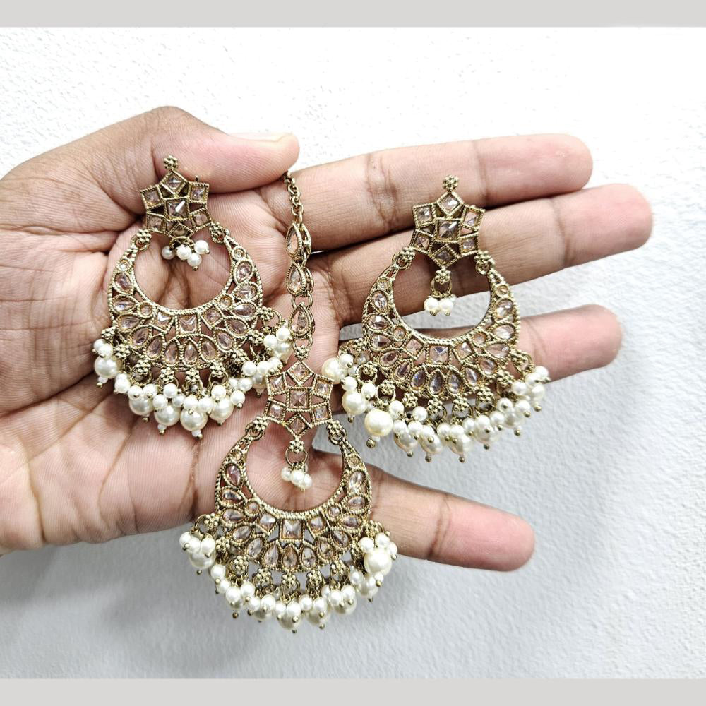 Rajwadi Collection Gold Pated Crystal Stone And Beads Dangler Earrings With Maangtikka