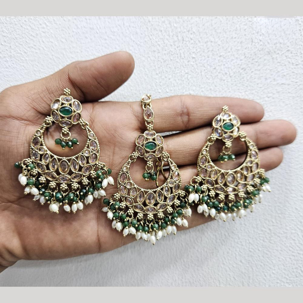 Rajwadi Collection Gold Pated Crystal Stone And Beads Dangler Earrings With Maangtikka