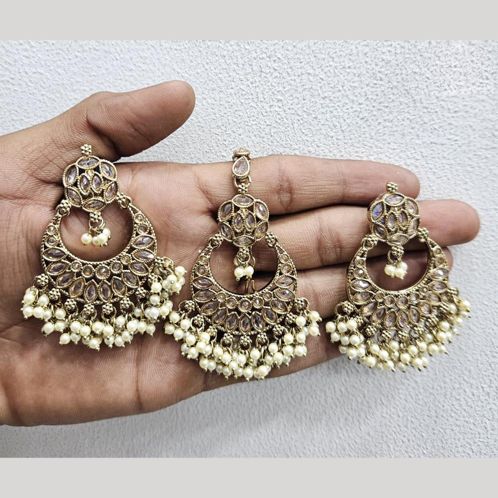 Rajwadi Collection Gold Pated Crystal Stone And Beads Dangler Earrings With Maangtikka