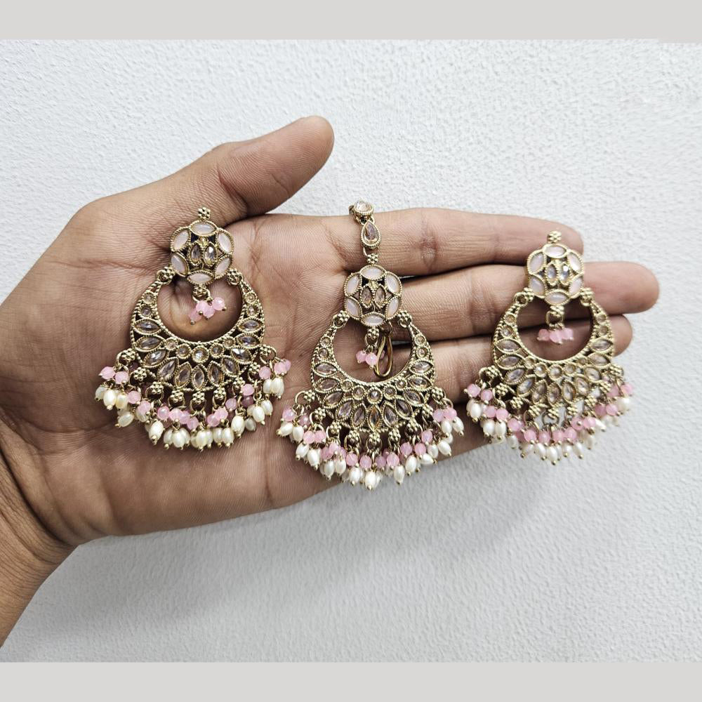 Rajwadi Collection Gold Pated Crystal Stone And Beads Dangler Earrings With Maangtikka
