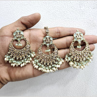 Rajwadi Collection Gold Pated Crystal Stone And Beads Dangler Earrings With Maangtikka