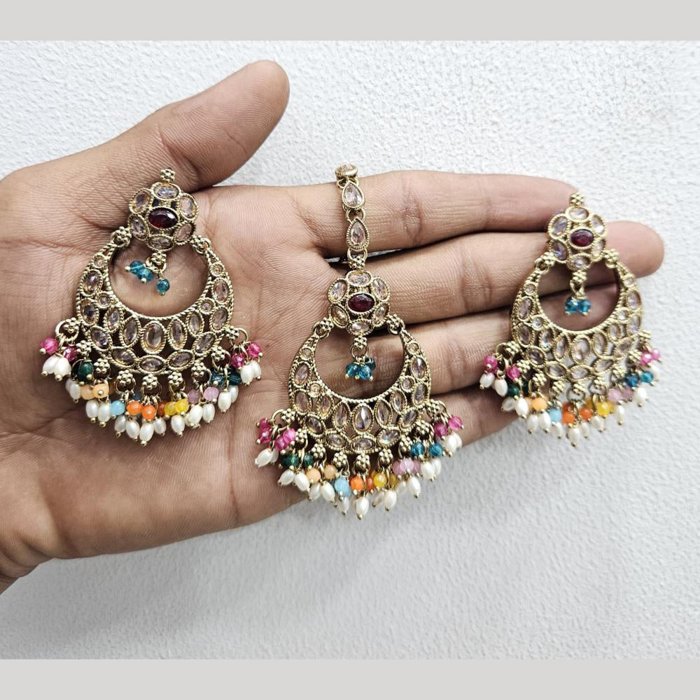 Rajwadi Collection Gold Pated Crystal Stone And Beads Dangler Earrings With Maangtikka