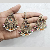Rajwadi Collection Gold Pated Crystal Stone And Beads Dangler Earrings With Maangtikka