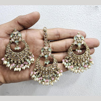 Rajwadi Collection Gold Pated Crystal Stone And Beads Dangler Earrings With Maangtikka
