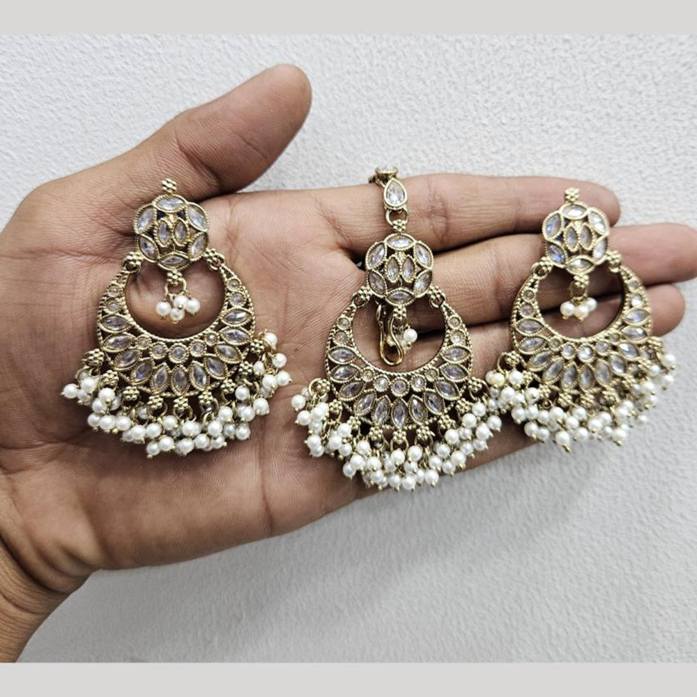 Rajwadi Collection Gold Pated Crystal Stone And Beads Dangler Earrings With Maangtikka