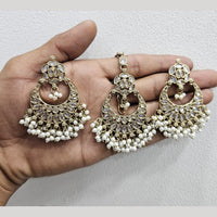 Rajwadi Collection Gold Pated Crystal Stone And Beads Dangler Earrings With Maangtikka