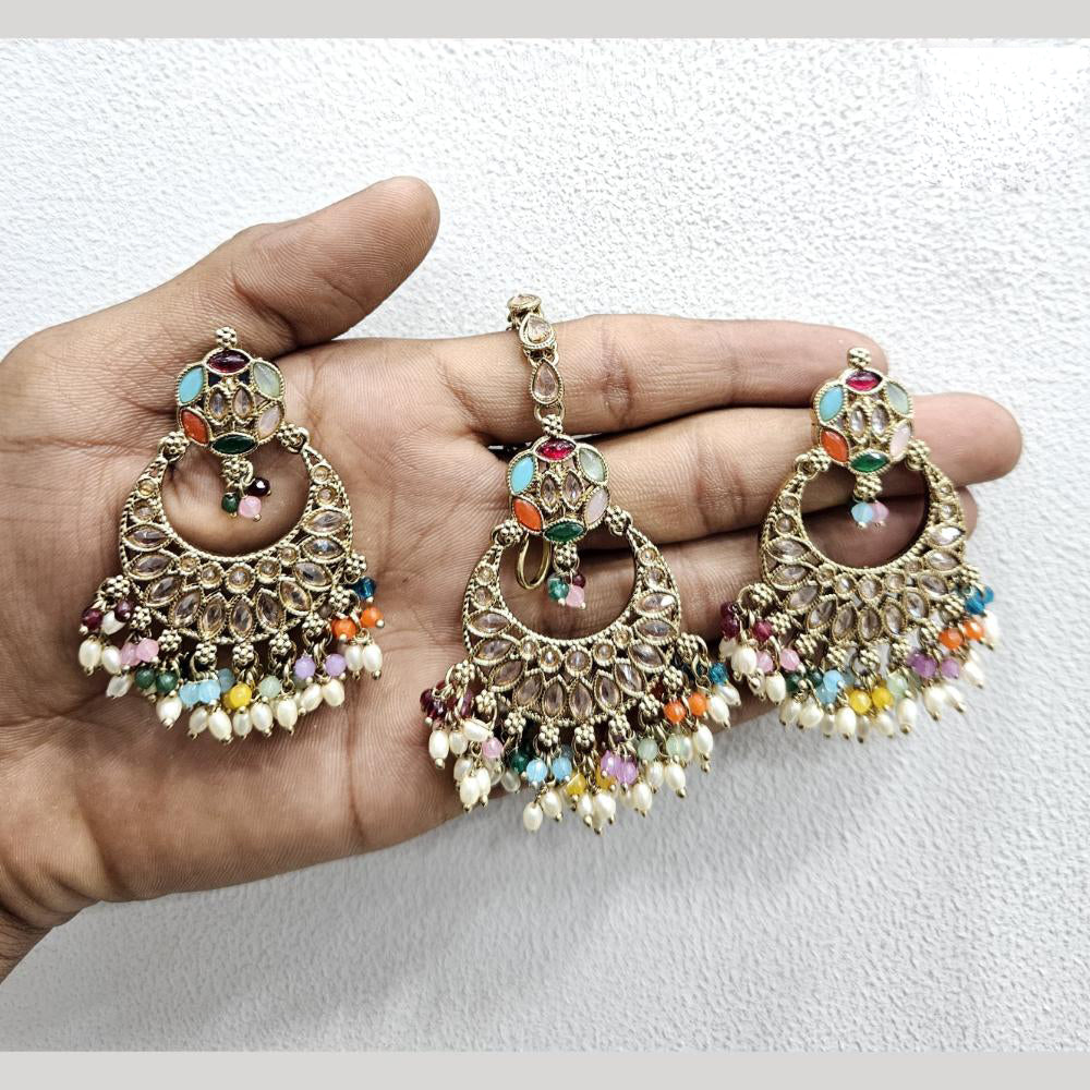 Rajwadi Collection Gold Pated Crystal Stone And Beads Dangler Earrings With Maangtikka