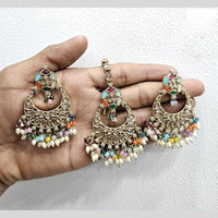 Rajwadi Collection Gold Pated Crystal Stone And Beads Dangler Earrings With Maangtikka
