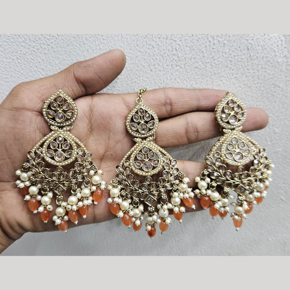 Rajwadi Collection Gold Pated Crystal Stone And Beads Dangler Earrings With Maangtikka