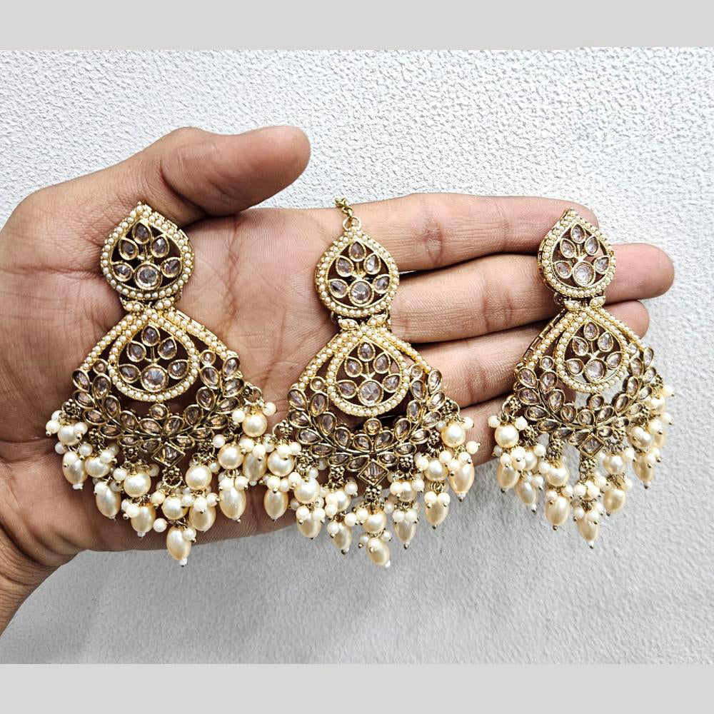 Rajwadi Collection Gold Pated Crystal Stone And Beads Dangler Earrings With Maangtikka