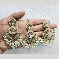 Rajwadi Collection Gold Pated Crystal Stone And Beads Dangler Earrings With Maangtikka