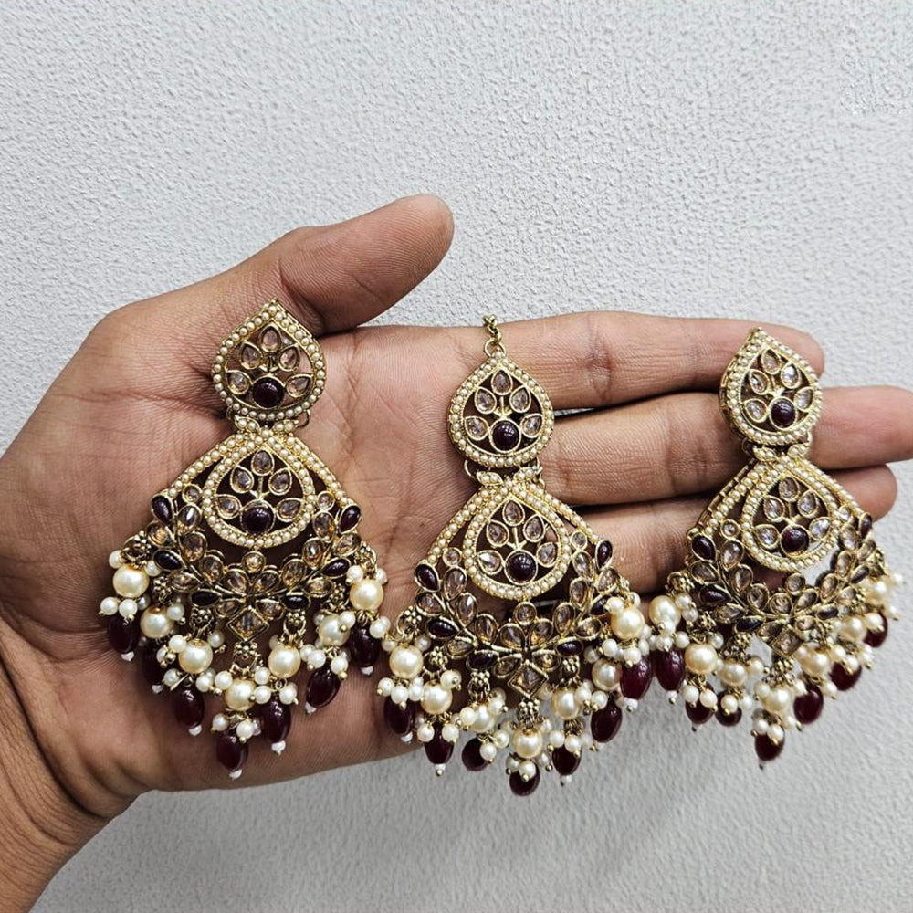 Rajwadi Collection Gold Pated Crystal Stone And Beads Dangler Earrings With Maangtikka