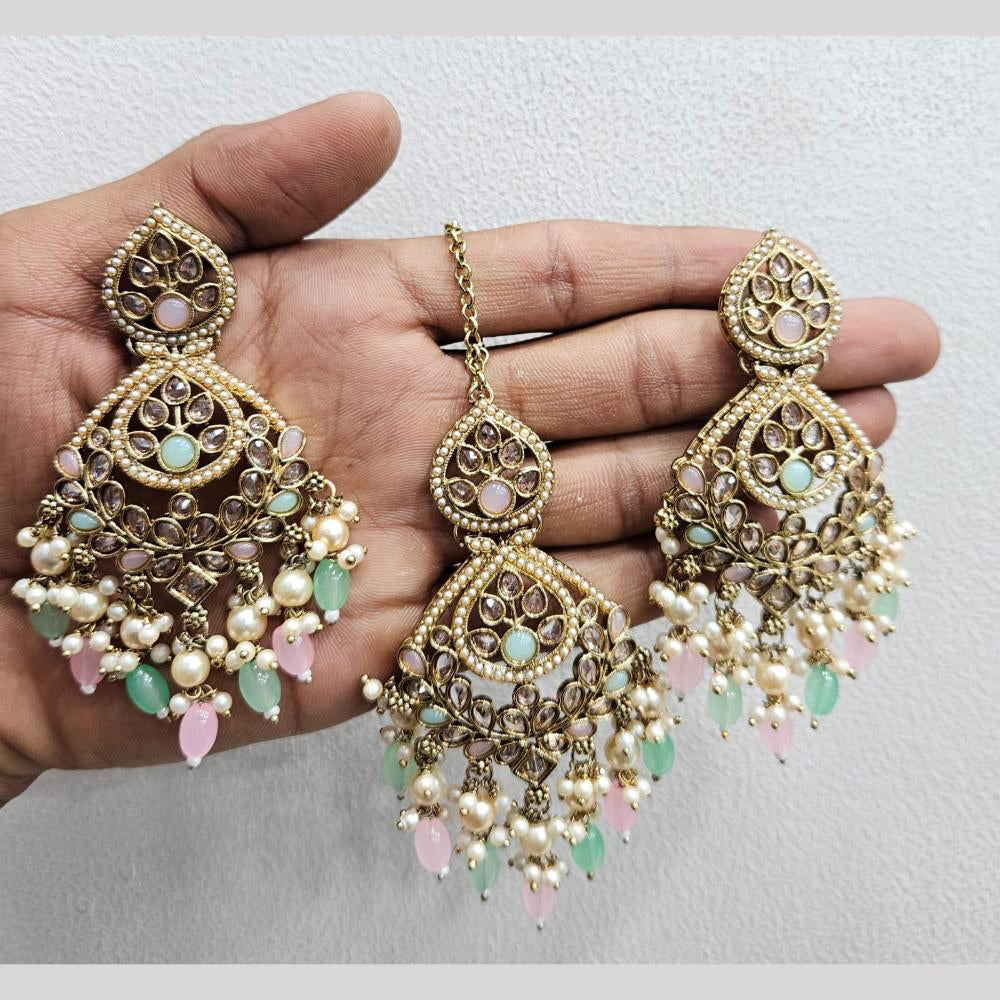Rajwadi Collection Gold Pated Crystal Stone And Beads Dangler Earrings With Maangtikka