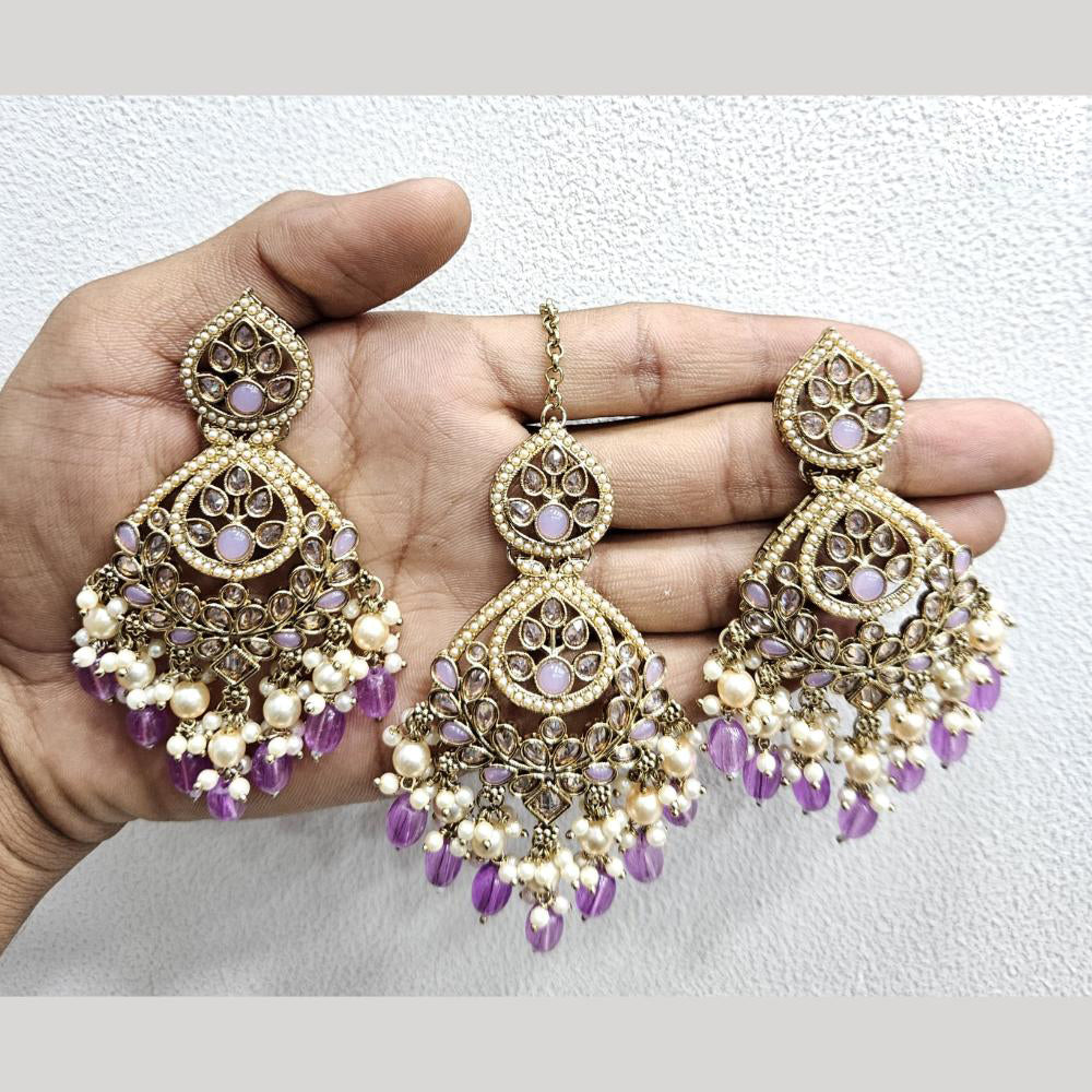 Rajwadi Collection Gold Pated Crystal Stone And Beads Dangler Earrings With Maangtikka
